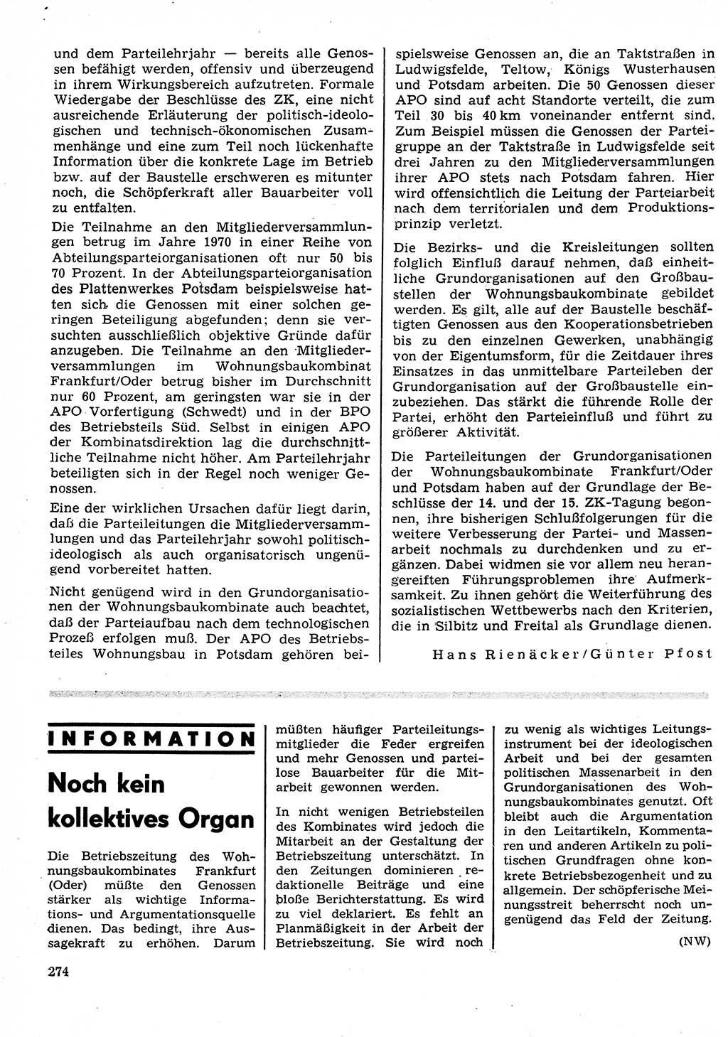 Neuer Weg (NW), Organ des Zentralkomitees (ZK) der SED (Sozialistische Einheitspartei Deutschlands) für Fragen des Parteilebens, 26. Jahrgang [Deutsche Demokratische Republik (DDR)] 1971, Seite 274 (NW ZK SED DDR 1971, S. 274)