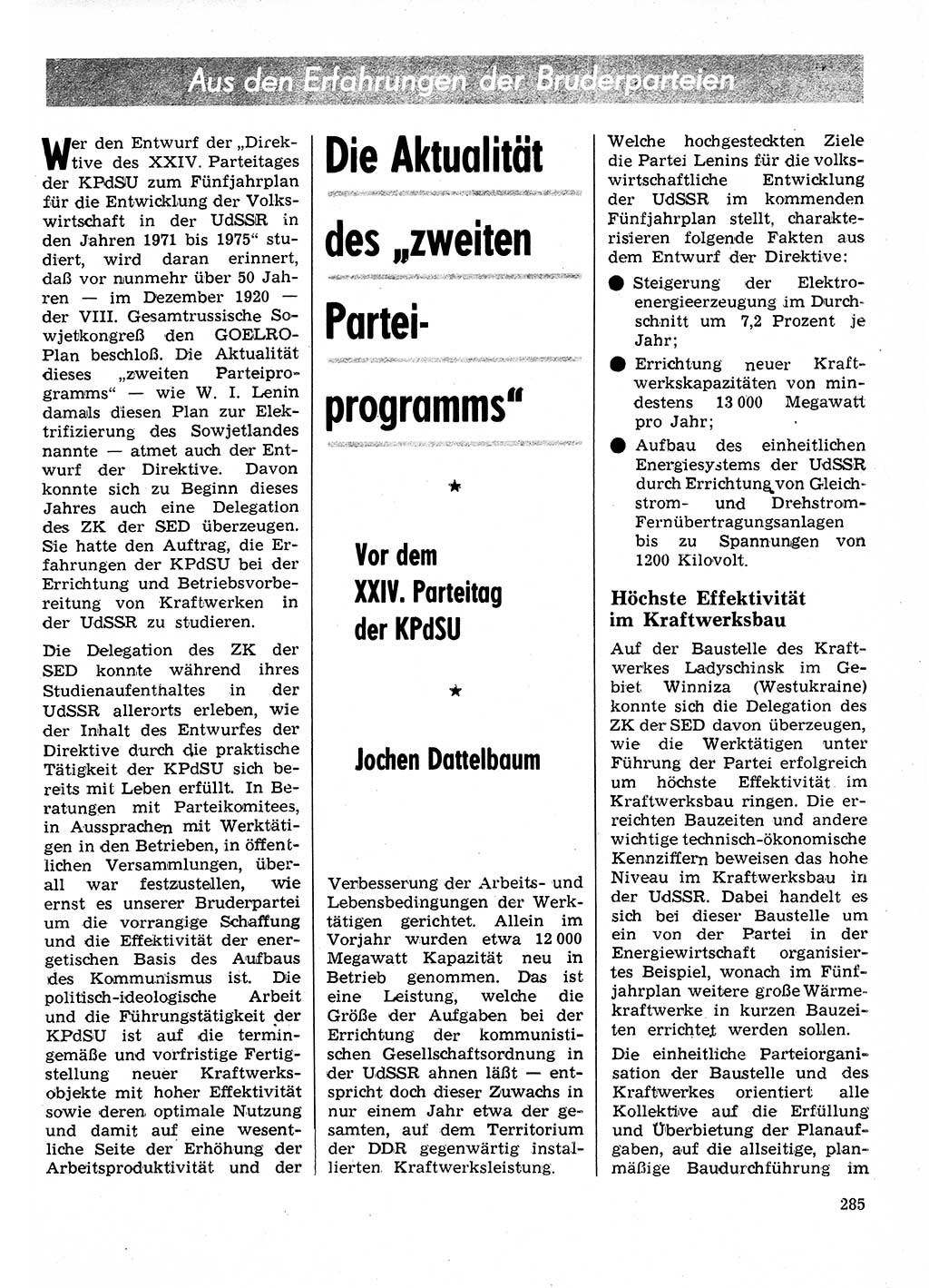 Neuer Weg (NW), Organ des Zentralkomitees (ZK) der SED (Sozialistische Einheitspartei Deutschlands) für Fragen des Parteilebens, 26. Jahrgang [Deutsche Demokratische Republik (DDR)] 1971, Seite 285 (NW ZK SED DDR 1971, S. 285)