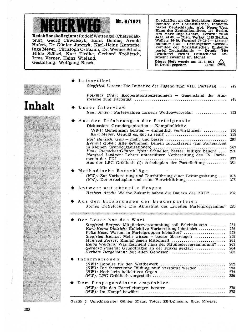 Neuer Weg (NW), Organ des Zentralkomitees (ZK) der SED (Sozialistische Einheitspartei Deutschlands) für Fragen des Parteilebens, 26. Jahrgang [Deutsche Demokratische Republik (DDR)] 1971, Seite 288 (NW ZK SED DDR 1971, S. 288)