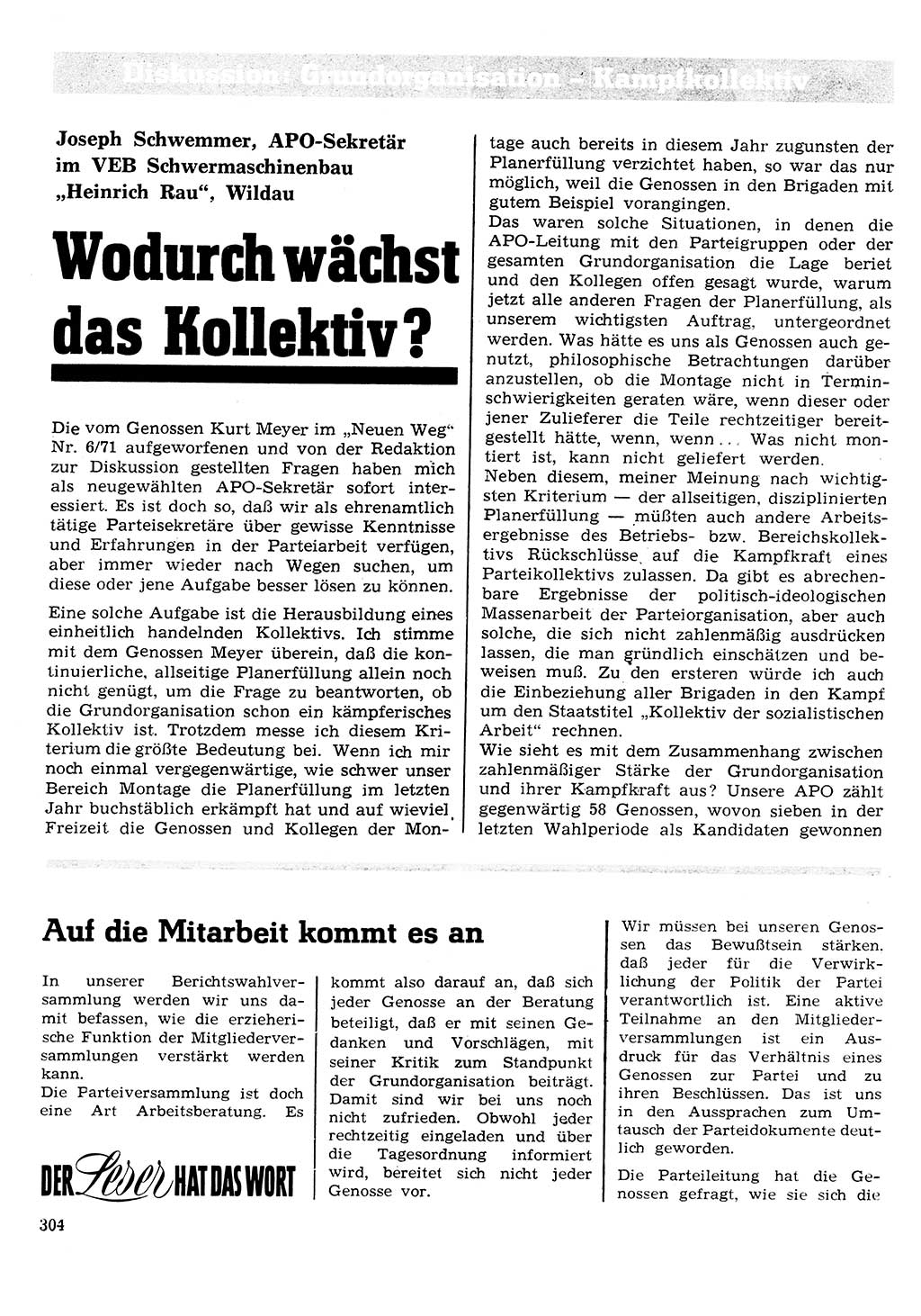 Neuer Weg (NW), Organ des Zentralkomitees (ZK) der SED (Sozialistische Einheitspartei Deutschlands) für Fragen des Parteilebens, 26. Jahrgang [Deutsche Demokratische Republik (DDR)] 1971, Seite 304 (NW ZK SED DDR 1971, S. 304)