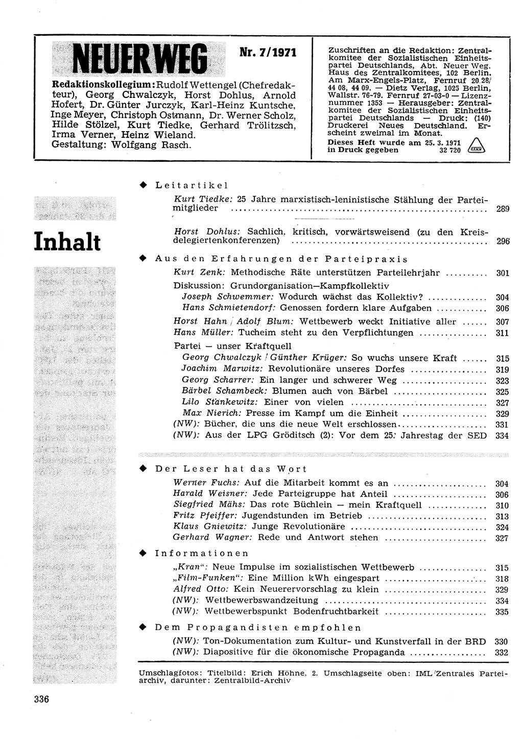 Neuer Weg (NW), Organ des Zentralkomitees (ZK) der SED (Sozialistische Einheitspartei Deutschlands) für Fragen des Parteilebens, 26. Jahrgang [Deutsche Demokratische Republik (DDR)] 1971, Seite 336 (NW ZK SED DDR 1971, S. 336)