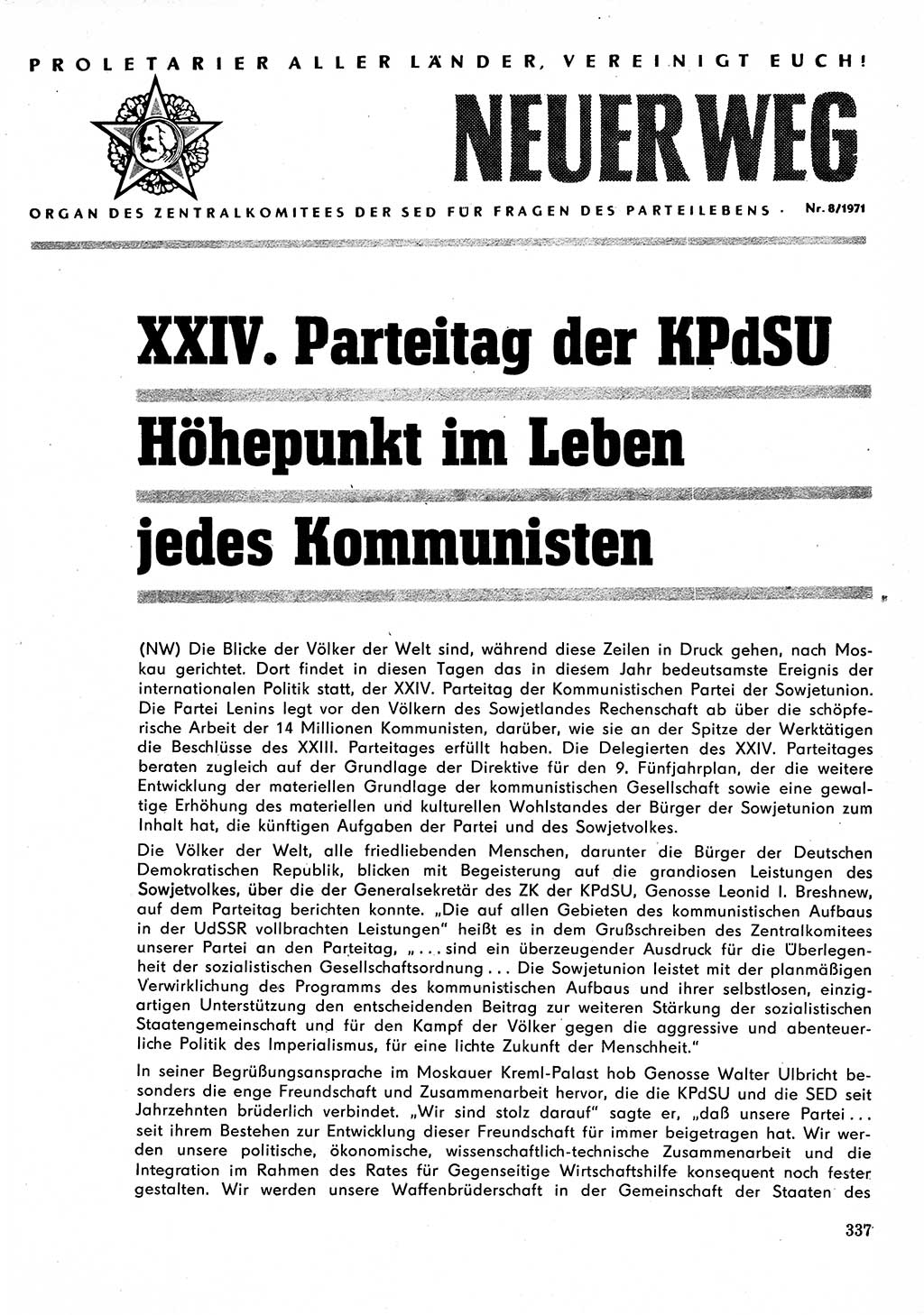 Neuer Weg (NW), Organ des Zentralkomitees (ZK) der SED (Sozialistische Einheitspartei Deutschlands) für Fragen des Parteilebens, 26. Jahrgang [Deutsche Demokratische Republik (DDR)] 1971, Seite 337 (NW ZK SED DDR 1971, S. 337)