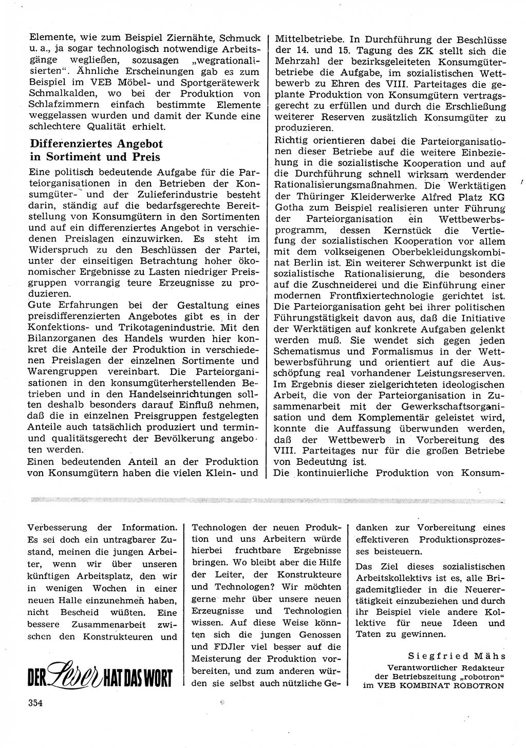 Neuer Weg (NW), Organ des Zentralkomitees (ZK) der SED (Sozialistische Einheitspartei Deutschlands) für Fragen des Parteilebens, 26. Jahrgang [Deutsche Demokratische Republik (DDR)] 1971, Seite 354 (NW ZK SED DDR 1971, S. 354)
