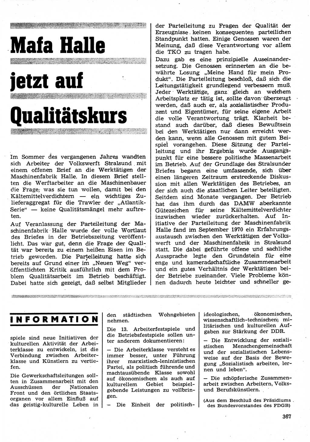 Neuer Weg (NW), Organ des Zentralkomitees (ZK) der SED (Sozialistische Einheitspartei Deutschlands) für Fragen des Parteilebens, 26. Jahrgang [Deutsche Demokratische Republik (DDR)] 1971, Seite 367 (NW ZK SED DDR 1971, S. 367)