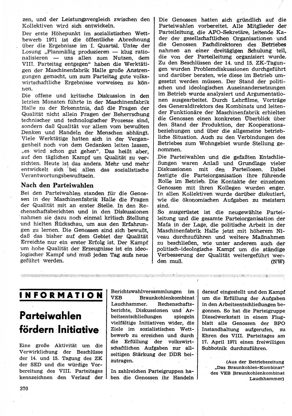 Neuer Weg (NW), Organ des Zentralkomitees (ZK) der SED (Sozialistische Einheitspartei Deutschlands) für Fragen des Parteilebens, 26. Jahrgang [Deutsche Demokratische Republik (DDR)] 1971, Seite 370 (NW ZK SED DDR 1971, S. 370)