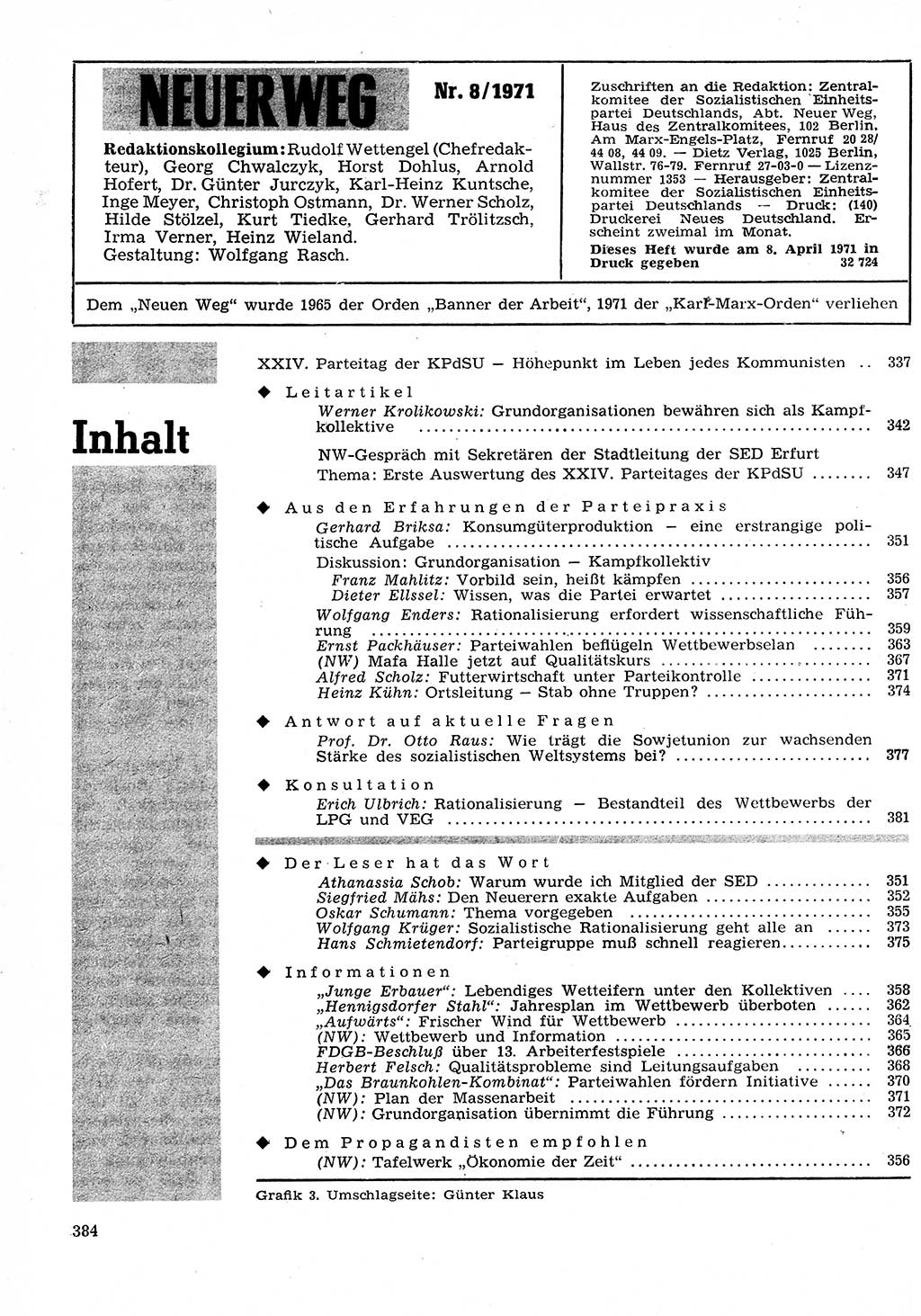 Neuer Weg (NW), Organ des Zentralkomitees (ZK) der SED (Sozialistische Einheitspartei Deutschlands) für Fragen des Parteilebens, 26. Jahrgang [Deutsche Demokratische Republik (DDR)] 1971, Seite 384 (NW ZK SED DDR 1971, S. 384)