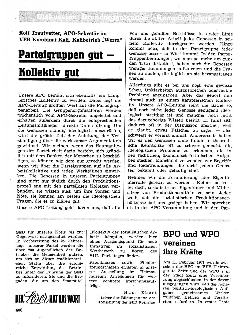 Neuer Weg (NW), Organ des Zentralkomitees (ZK) der SED (Sozialistische Einheitspartei Deutschlands) für Fragen des Parteilebens, 26. Jahrgang [Deutsche Demokratische Republik (DDR)] 1971, Seite 400 (NW ZK SED DDR 1971, S. 400)