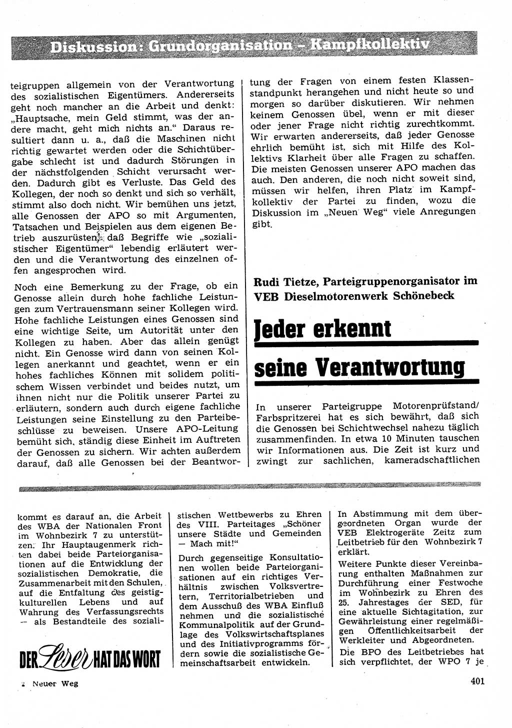 Neuer Weg (NW), Organ des Zentralkomitees (ZK) der SED (Sozialistische Einheitspartei Deutschlands) für Fragen des Parteilebens, 26. Jahrgang [Deutsche Demokratische Republik (DDR)] 1971, Seite 401 (NW ZK SED DDR 1971, S. 401)