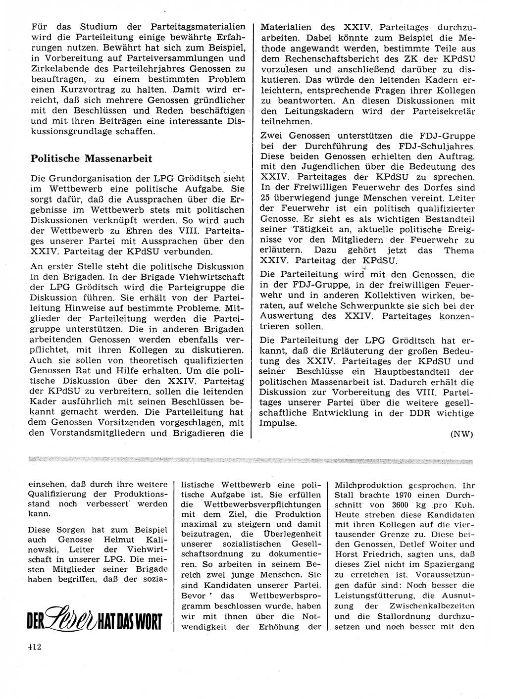 Neuer Weg (NW), Organ des Zentralkomitees (ZK) der SED (Sozialistische Einheitspartei Deutschlands) für Fragen des Parteilebens, 26. Jahrgang [Deutsche Demokratische Republik (DDR)] 1971, Seite 412 (NW ZK SED DDR 1971, S. 412)