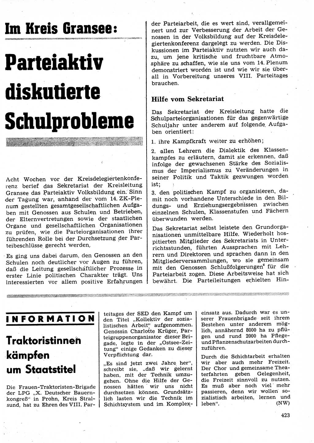 Neuer Weg (NW), Organ des Zentralkomitees (ZK) der SED (Sozialistische Einheitspartei Deutschlands) für Fragen des Parteilebens, 26. Jahrgang [Deutsche Demokratische Republik (DDR)] 1971, Seite 423 (NW ZK SED DDR 1971, S. 423)