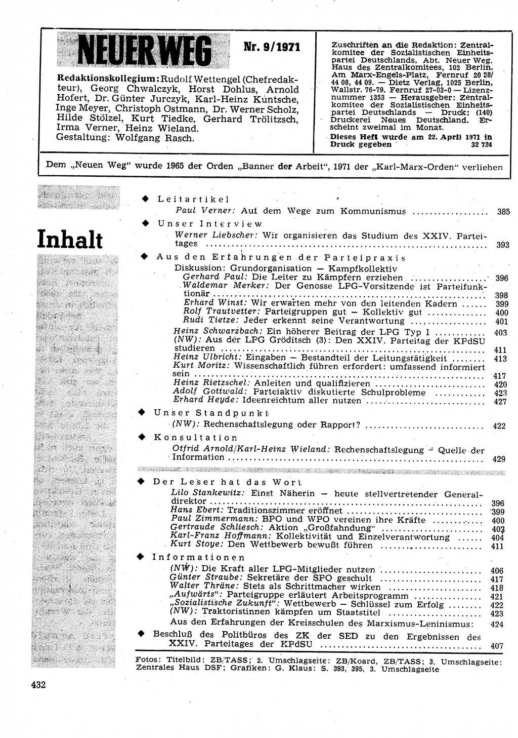 Neuer Weg (NW), Organ des Zentralkomitees (ZK) der SED (Sozialistische Einheitspartei Deutschlands) für Fragen des Parteilebens, 26. Jahrgang [Deutsche Demokratische Republik (DDR)] 1971, Seite 432 (NW ZK SED DDR 1971, S. 432)