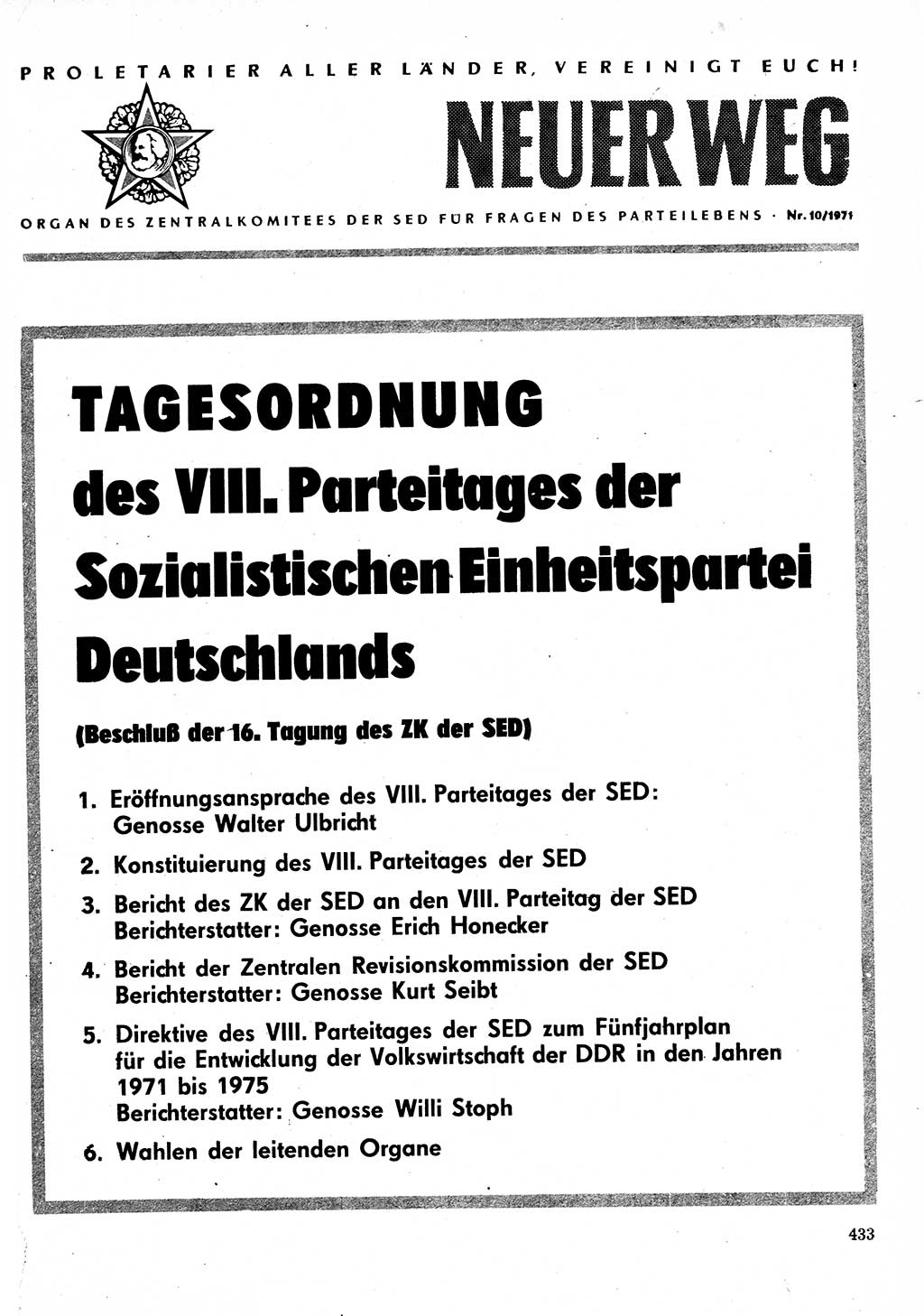 Neuer Weg (NW), Organ des Zentralkomitees (ZK) der SED (Sozialistische Einheitspartei Deutschlands) für Fragen des Parteilebens, 26. Jahrgang [Deutsche Demokratische Republik (DDR)] 1971, Seite 433 (NW ZK SED DDR 1971, S. 433)