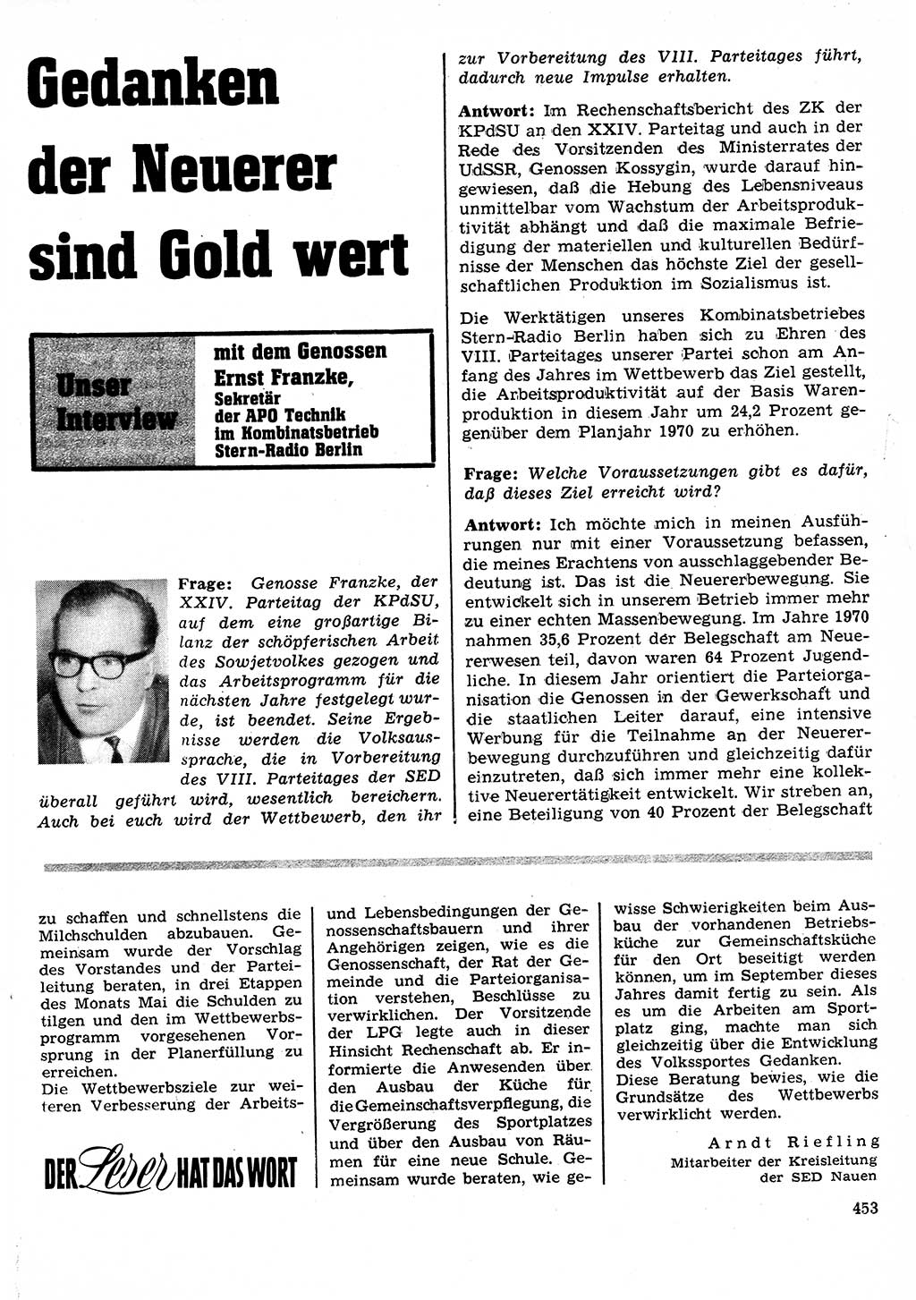 Neuer Weg (NW), Organ des Zentralkomitees (ZK) der SED (Sozialistische Einheitspartei Deutschlands) für Fragen des Parteilebens, 26. Jahrgang [Deutsche Demokratische Republik (DDR)] 1971, Seite 453 (NW ZK SED DDR 1971, S. 453)