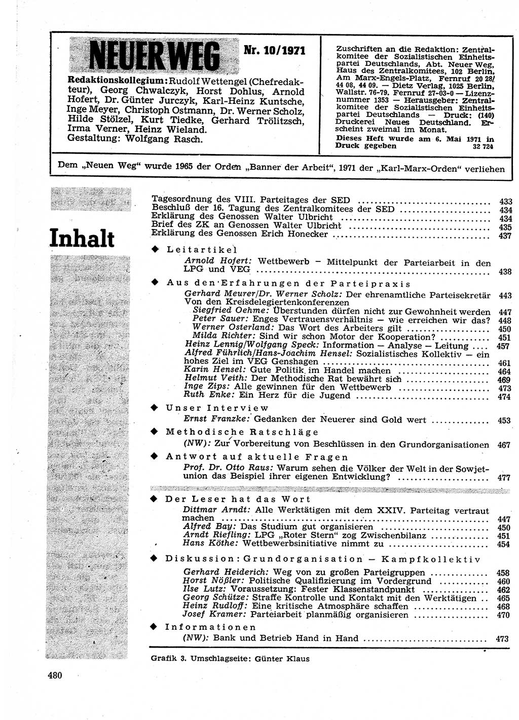 Neuer Weg (NW), Organ des Zentralkomitees (ZK) der SED (Sozialistische Einheitspartei Deutschlands) für Fragen des Parteilebens, 26. Jahrgang [Deutsche Demokratische Republik (DDR)] 1971, Seite 480 (NW ZK SED DDR 1971, S. 480)
