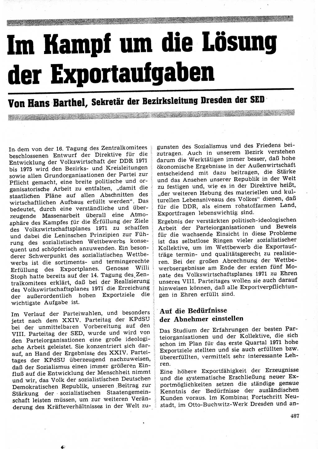 Neuer Weg (NW), Organ des Zentralkomitees (ZK) der SED (Sozialistische Einheitspartei Deutschlands) für Fragen des Parteilebens, 26. Jahrgang [Deutsche Demokratische Republik (DDR)] 1971, Seite 487 (NW ZK SED DDR 1971, S. 487)