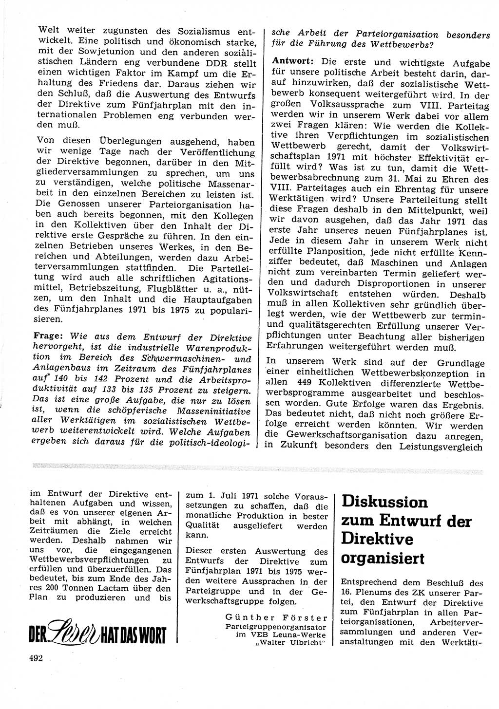 Neuer Weg (NW), Organ des Zentralkomitees (ZK) der SED (Sozialistische Einheitspartei Deutschlands) für Fragen des Parteilebens, 26. Jahrgang [Deutsche Demokratische Republik (DDR)] 1971, Seite 492 (NW ZK SED DDR 1971, S. 492)