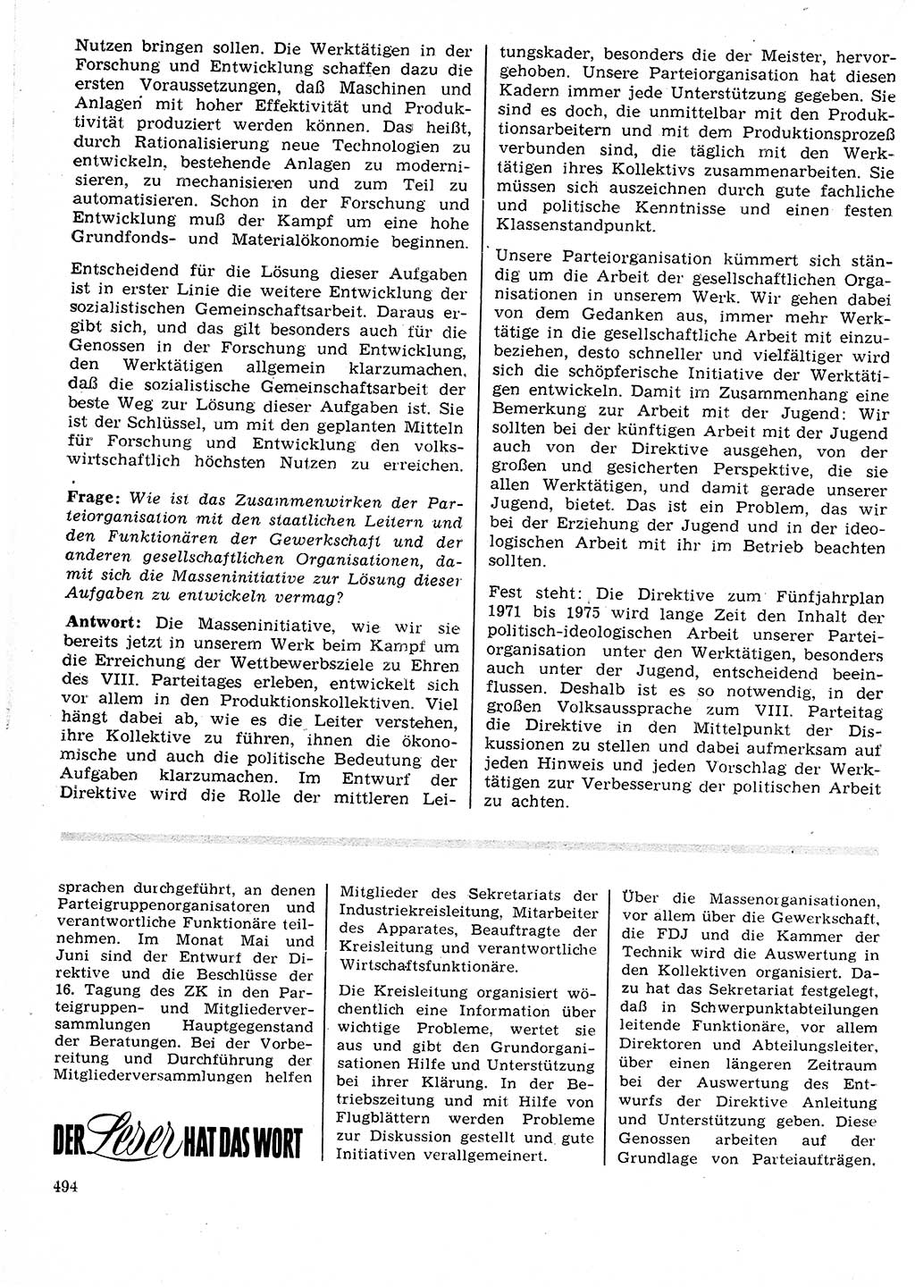 Neuer Weg (NW), Organ des Zentralkomitees (ZK) der SED (Sozialistische Einheitspartei Deutschlands) für Fragen des Parteilebens, 26. Jahrgang [Deutsche Demokratische Republik (DDR)] 1971, Seite 494 (NW ZK SED DDR 1971, S. 494)