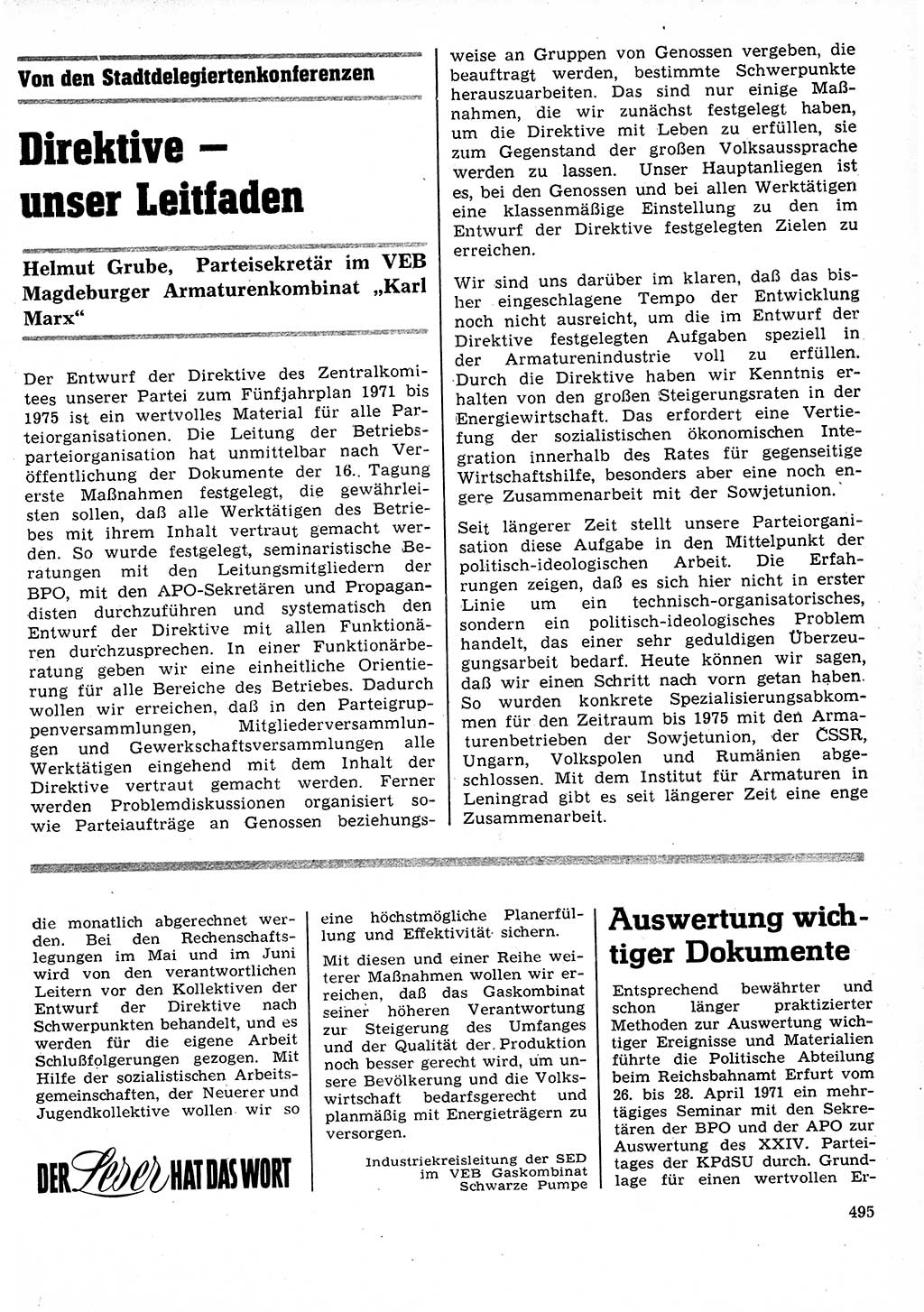 Neuer Weg (NW), Organ des Zentralkomitees (ZK) der SED (Sozialistische Einheitspartei Deutschlands) für Fragen des Parteilebens, 26. Jahrgang [Deutsche Demokratische Republik (DDR)] 1971, Seite 495 (NW ZK SED DDR 1971, S. 495)