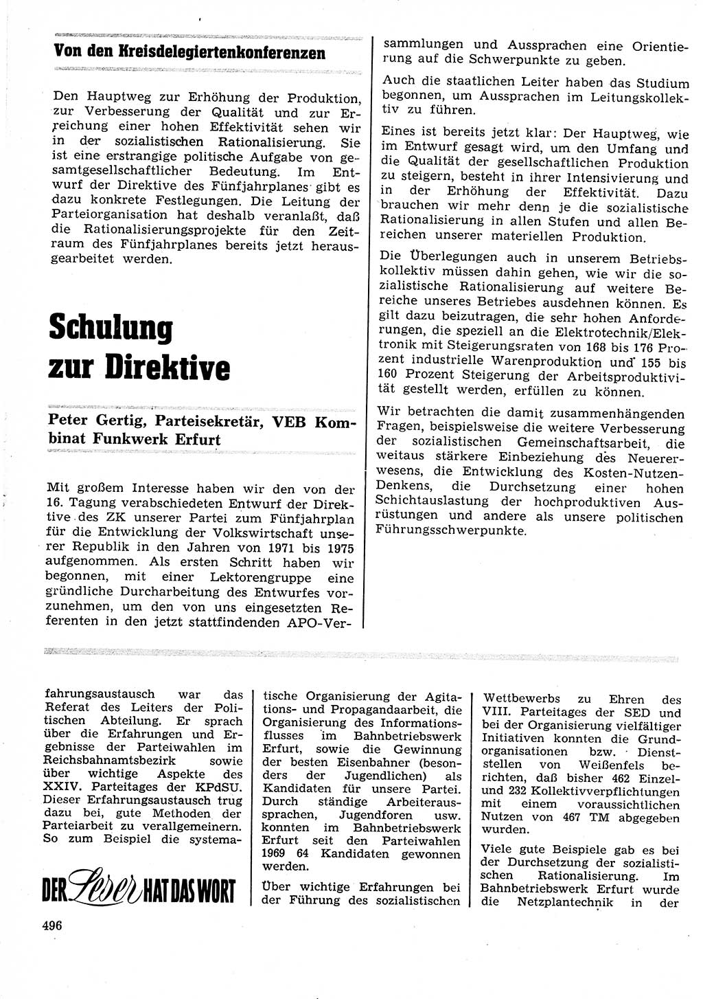 Neuer Weg (NW), Organ des Zentralkomitees (ZK) der SED (Sozialistische Einheitspartei Deutschlands) für Fragen des Parteilebens, 26. Jahrgang [Deutsche Demokratische Republik (DDR)] 1971, Seite 496 (NW ZK SED DDR 1971, S. 496)