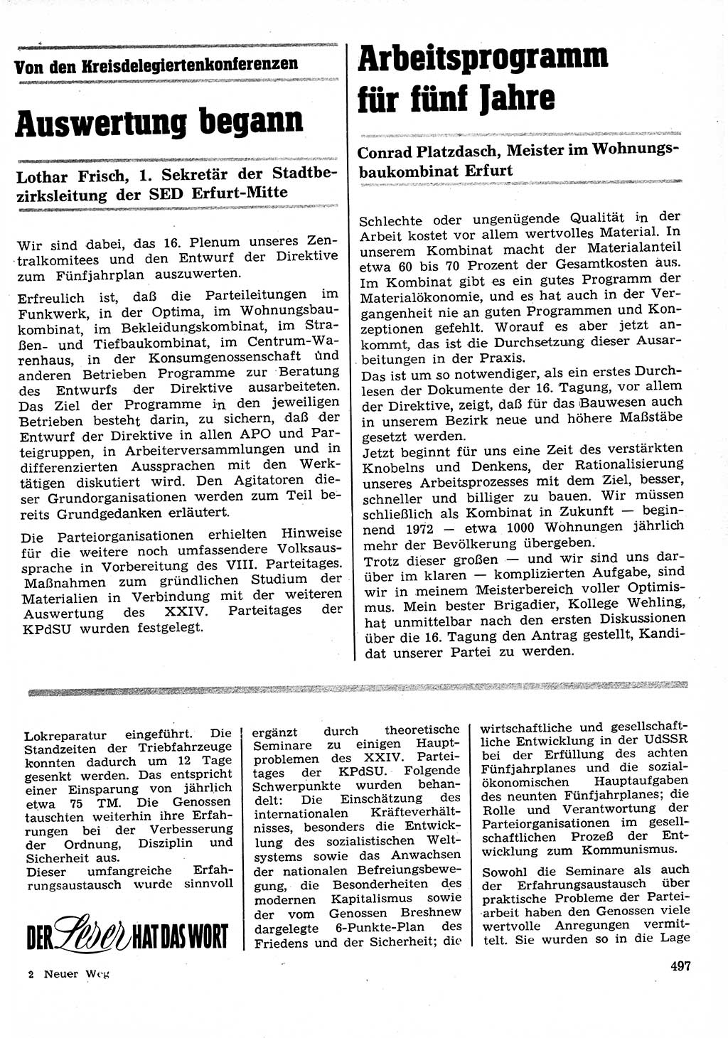 Neuer Weg (NW), Organ des Zentralkomitees (ZK) der SED (Sozialistische Einheitspartei Deutschlands) für Fragen des Parteilebens, 26. Jahrgang [Deutsche Demokratische Republik (DDR)] 1971, Seite 497 (NW ZK SED DDR 1971, S. 497)