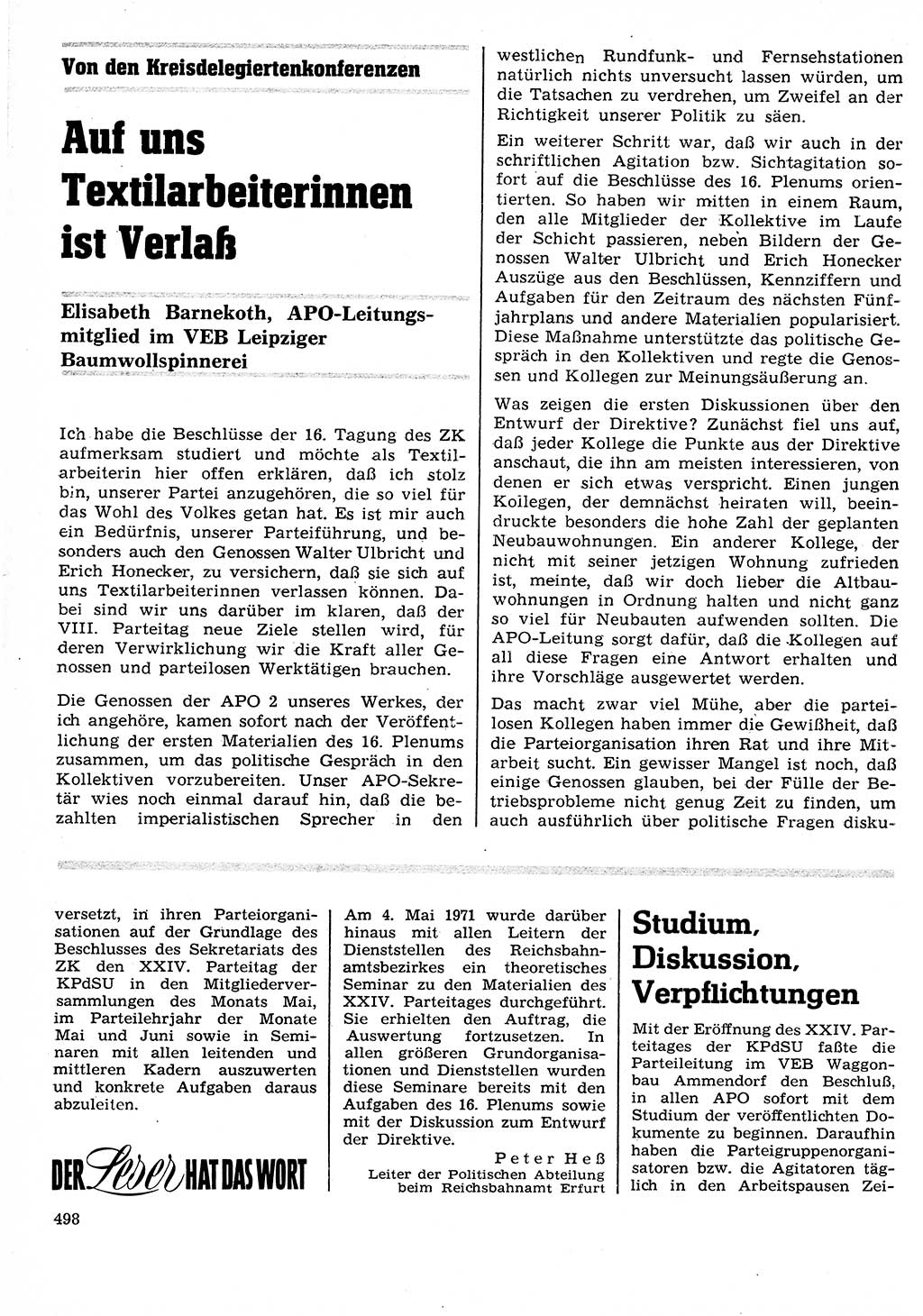 Neuer Weg (NW), Organ des Zentralkomitees (ZK) der SED (Sozialistische Einheitspartei Deutschlands) für Fragen des Parteilebens, 26. Jahrgang [Deutsche Demokratische Republik (DDR)] 1971, Seite 498 (NW ZK SED DDR 1971, S. 498)