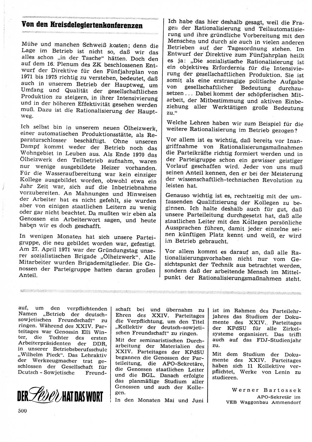 Neuer Weg (NW), Organ des Zentralkomitees (ZK) der SED (Sozialistische Einheitspartei Deutschlands) für Fragen des Parteilebens, 26. Jahrgang [Deutsche Demokratische Republik (DDR)] 1971, Seite 500 (NW ZK SED DDR 1971, S. 500)