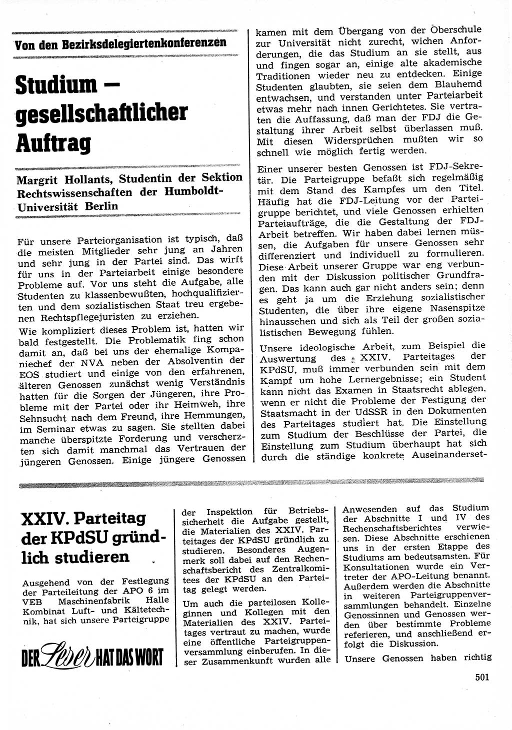 Neuer Weg (NW), Organ des Zentralkomitees (ZK) der SED (Sozialistische Einheitspartei Deutschlands) für Fragen des Parteilebens, 26. Jahrgang [Deutsche Demokratische Republik (DDR)] 1971, Seite 501 (NW ZK SED DDR 1971, S. 501)
