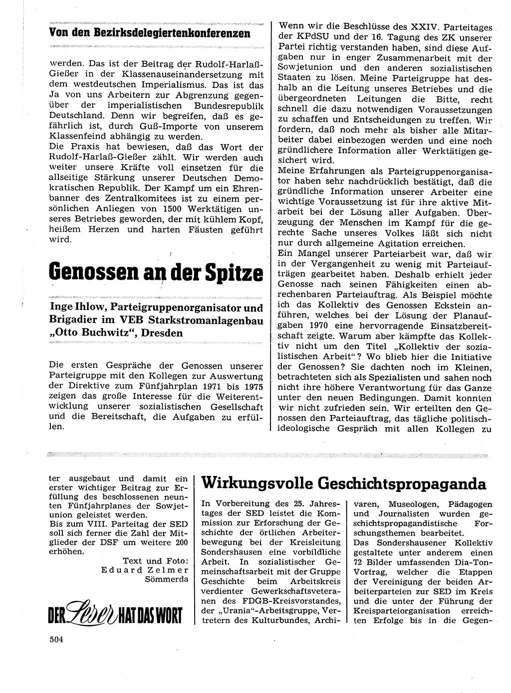 Neuer Weg (NW), Organ des Zentralkomitees (ZK) der SED (Sozialistische Einheitspartei Deutschlands) für Fragen des Parteilebens, 26. Jahrgang [Deutsche Demokratische Republik (DDR)] 1971, Seite 504 (NW ZK SED DDR 1971, S. 504)