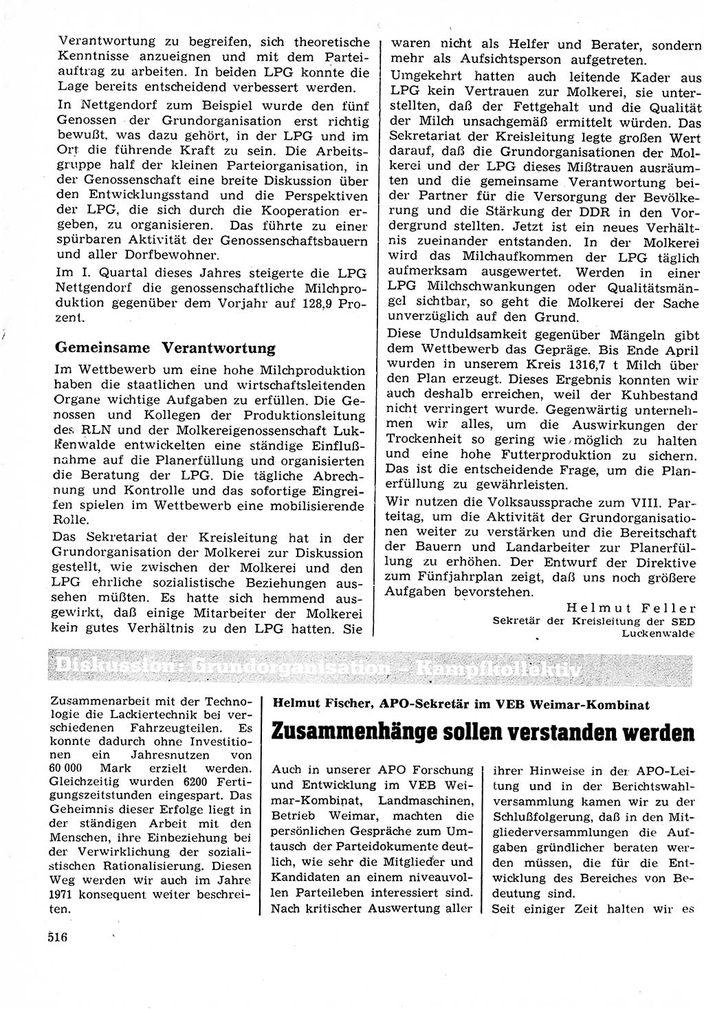 Neuer Weg (NW), Organ des Zentralkomitees (ZK) der SED (Sozialistische Einheitspartei Deutschlands) für Fragen des Parteilebens, 26. Jahrgang [Deutsche Demokratische Republik (DDR)] 1971, Seite 516 (NW ZK SED DDR 1971, S. 516)