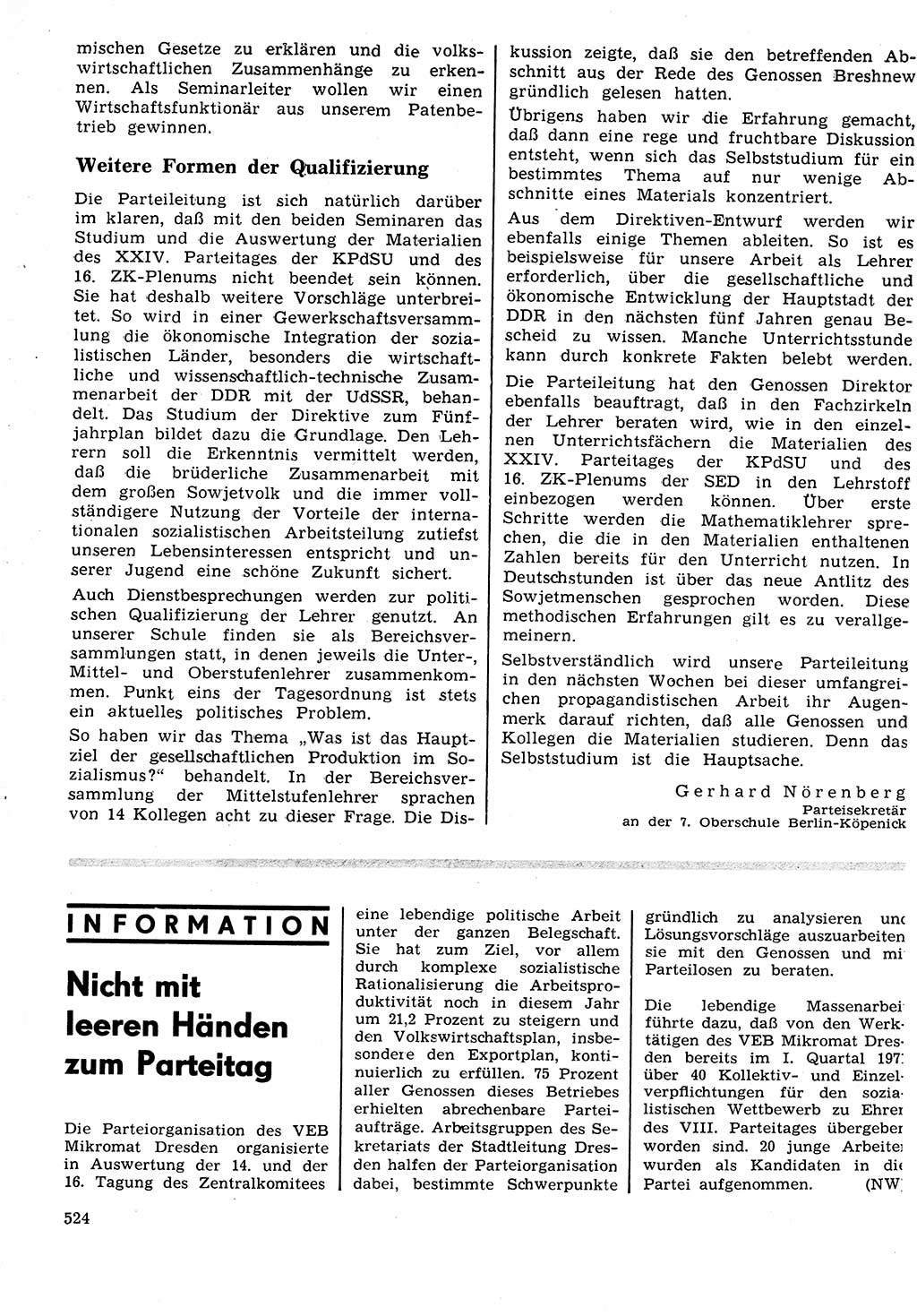 Neuer Weg (NW), Organ des Zentralkomitees (ZK) der SED (Sozialistische Einheitspartei Deutschlands) für Fragen des Parteilebens, 26. Jahrgang [Deutsche Demokratische Republik (DDR)] 1971, Seite 524 (NW ZK SED DDR 1971, S. 524)