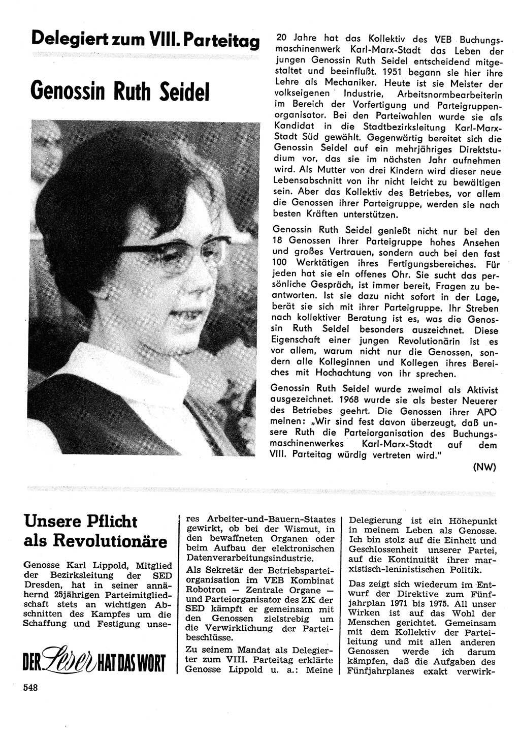 Neuer Weg (NW), Organ des Zentralkomitees (ZK) der SED (Sozialistische Einheitspartei Deutschlands) für Fragen des Parteilebens, 26. Jahrgang [Deutsche Demokratische Republik (DDR)] 1971, Seite 548 (NW ZK SED DDR 1971, S. 548)