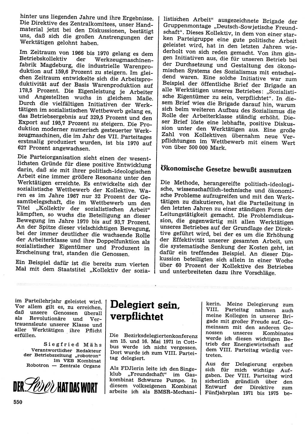 Neuer Weg (NW), Organ des Zentralkomitees (ZK) der SED (Sozialistische Einheitspartei Deutschlands) für Fragen des Parteilebens, 26. Jahrgang [Deutsche Demokratische Republik (DDR)] 1971, Seite 550 (NW ZK SED DDR 1971, S. 550)