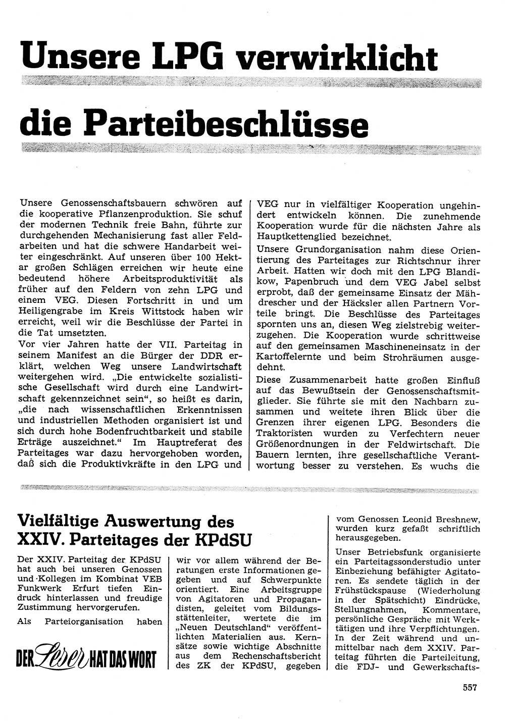 Neuer Weg (NW), Organ des Zentralkomitees (ZK) der SED (Sozialistische Einheitspartei Deutschlands) für Fragen des Parteilebens, 26. Jahrgang [Deutsche Demokratische Republik (DDR)] 1971, Seite 557 (NW ZK SED DDR 1971, S. 557)