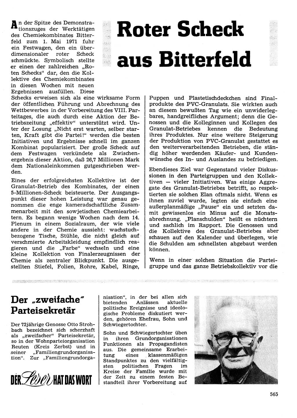 Neuer Weg (NW), Organ des Zentralkomitees (ZK) der SED (Sozialistische Einheitspartei Deutschlands) für Fragen des Parteilebens, 26. Jahrgang [Deutsche Demokratische Republik (DDR)] 1971, Seite 565 (NW ZK SED DDR 1971, S. 565)