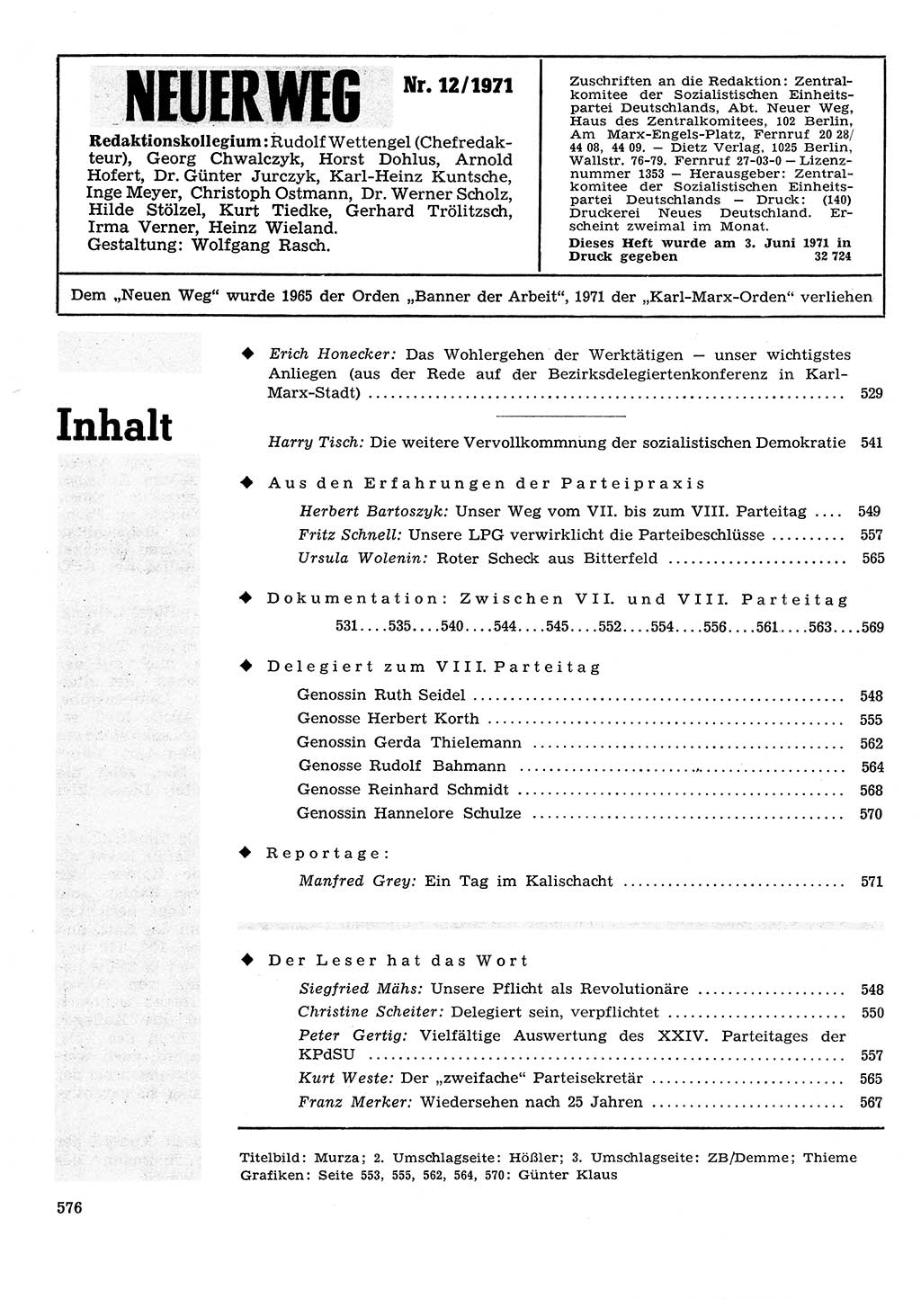 Neuer Weg (NW), Organ des Zentralkomitees (ZK) der SED (Sozialistische Einheitspartei Deutschlands) für Fragen des Parteilebens, 26. Jahrgang [Deutsche Demokratische Republik (DDR)] 1971, Seite 576 (NW ZK SED DDR 1971, S. 576)