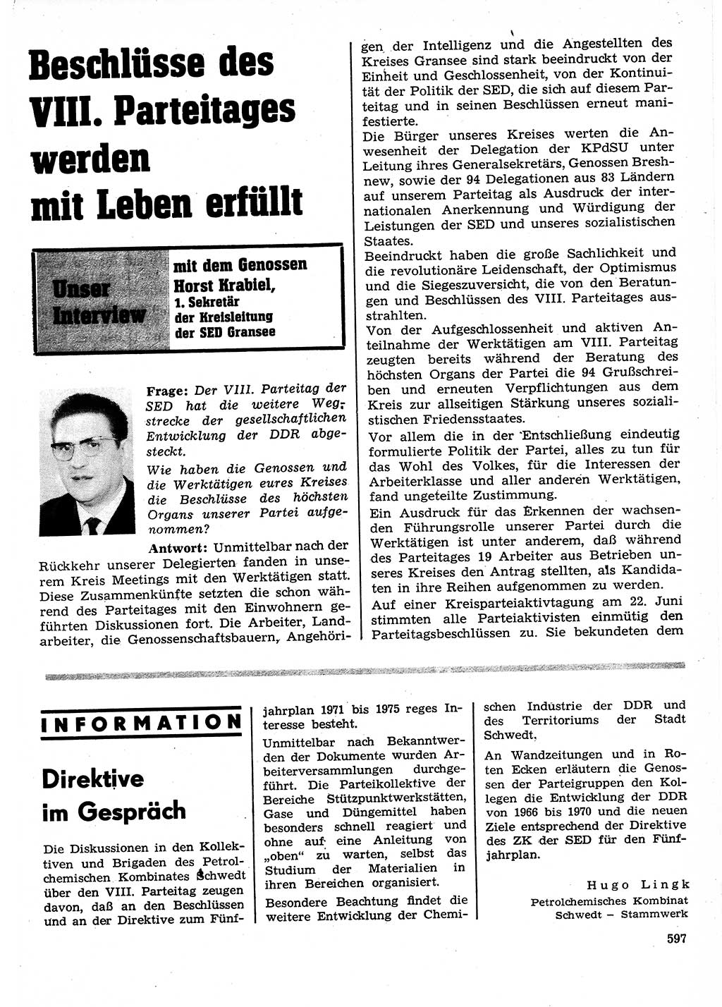 Neuer Weg (NW), Organ des Zentralkomitees (ZK) der SED (Sozialistische Einheitspartei Deutschlands) für Fragen des Parteilebens, 26. Jahrgang [Deutsche Demokratische Republik (DDR)] 1971, Seite 597 (NW ZK SED DDR 1971, S. 597)