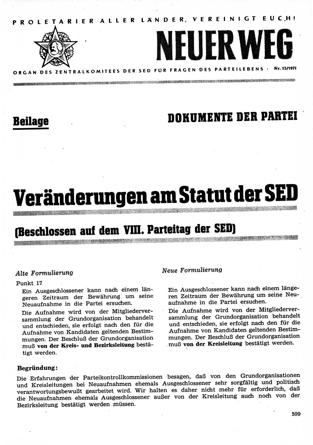 Neuer Weg (NW), Organ des Zentralkomitees (ZK) der SED (Sozialistische Einheitspartei Deutschlands) für Fragen des Parteilebens, 26. Jahrgang [Deutsche Demokratische Republik (DDR)] 1971, Seite 599 (NW ZK SED DDR 1971, S. 599)