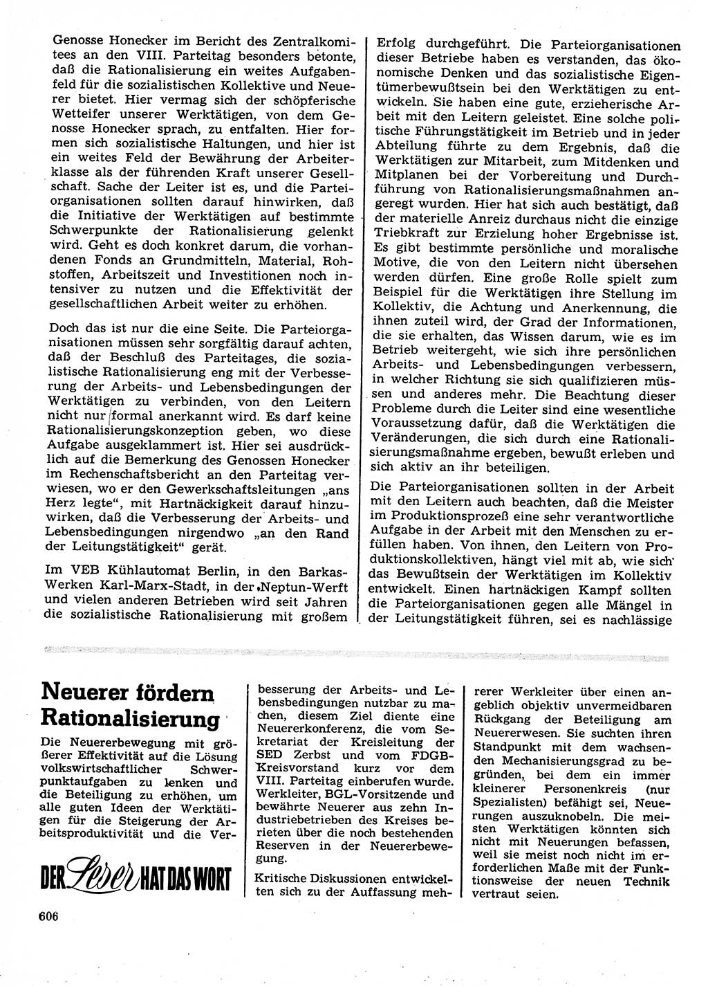 Neuer Weg (NW), Organ des Zentralkomitees (ZK) der SED (Sozialistische Einheitspartei Deutschlands) für Fragen des Parteilebens, 26. Jahrgang [Deutsche Demokratische Republik (DDR)] 1971, Seite 606 (NW ZK SED DDR 1971, S. 606)