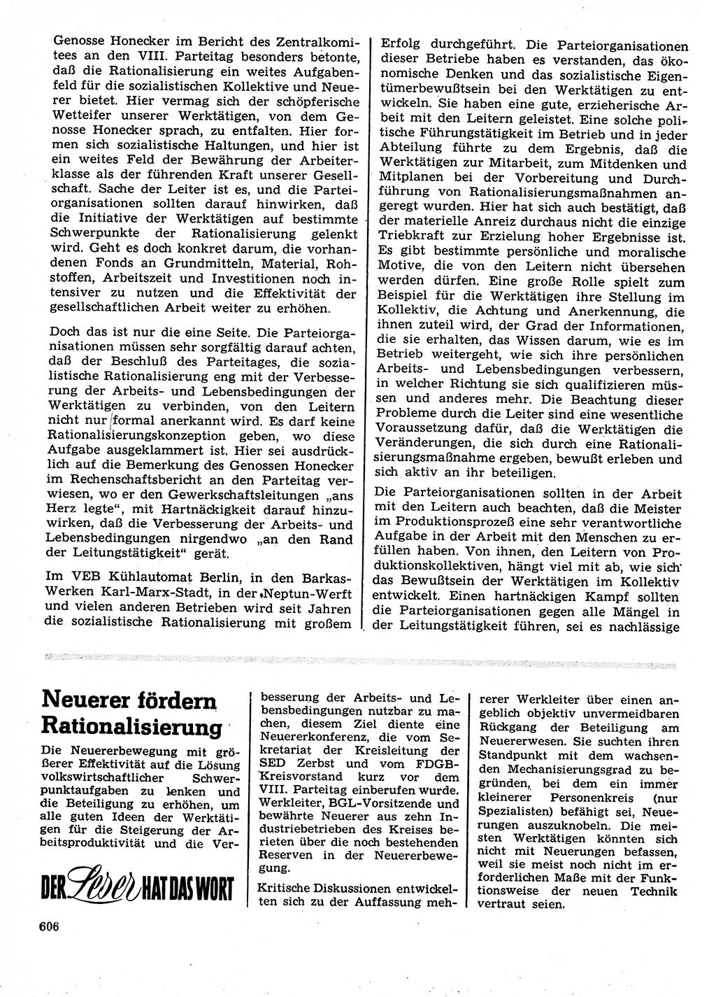 Neuer Weg (NW), Organ des Zentralkomitees (ZK) der SED (Sozialistische Einheitspartei Deutschlands) für Fragen des Parteilebens, 26. Jahrgang [Deutsche Demokratische Republik (DDR)] 1971, Seite 606 (NW ZK SED DDR 1971, S. 606)