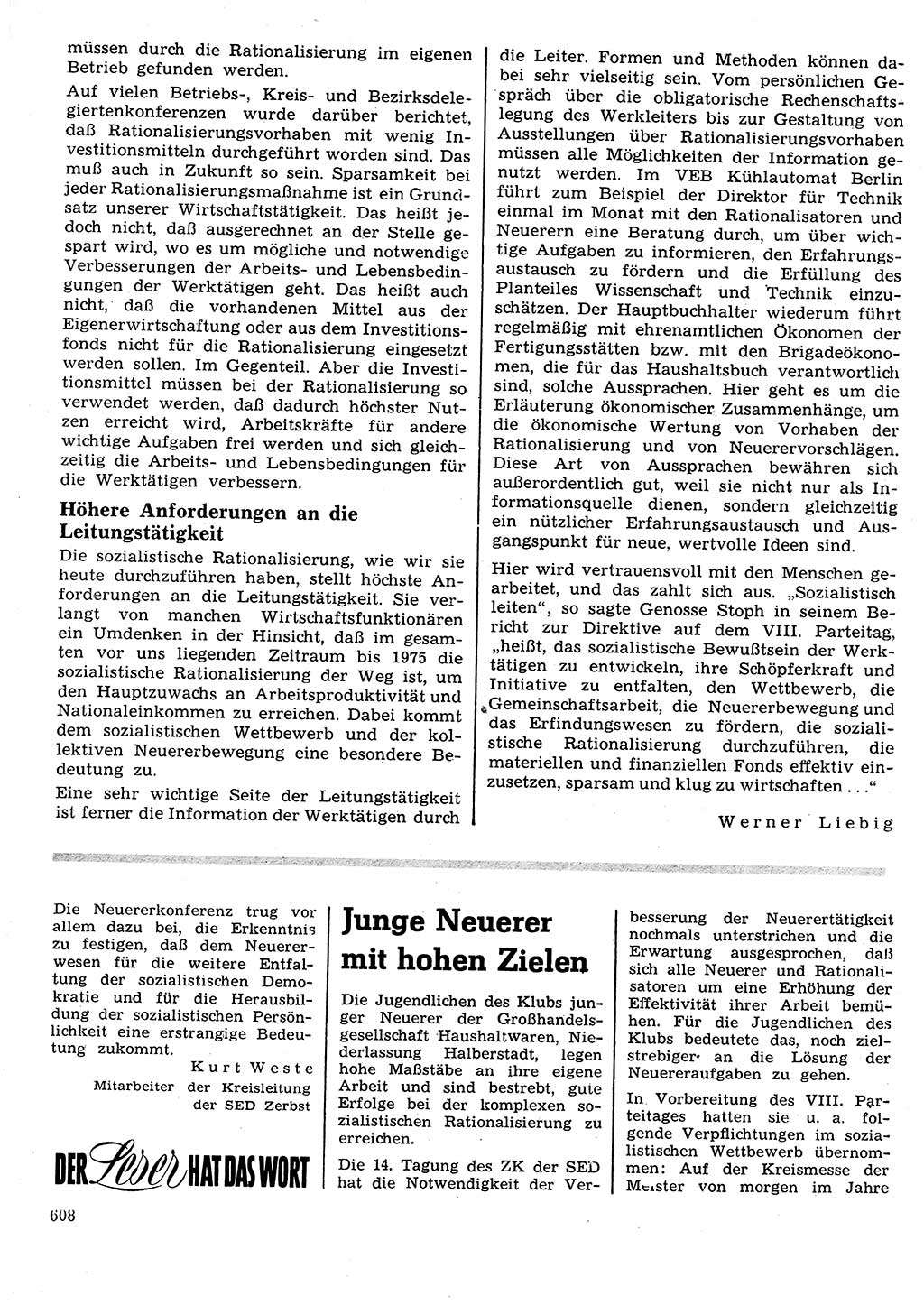 Neuer Weg (NW), Organ des Zentralkomitees (ZK) der SED (Sozialistische Einheitspartei Deutschlands) für Fragen des Parteilebens, 26. Jahrgang [Deutsche Demokratische Republik (DDR)] 1971, Seite 608 (NW ZK SED DDR 1971, S. 608)