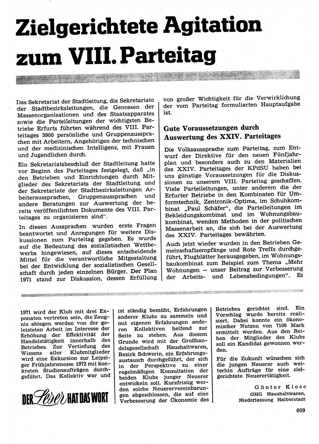 Neuer Weg (NW), Organ des Zentralkomitees (ZK) der SED (Sozialistische Einheitspartei Deutschlands) für Fragen des Parteilebens, 26. Jahrgang [Deutsche Demokratische Republik (DDR)] 1971, Seite 609 (NW ZK SED DDR 1971, S. 609)