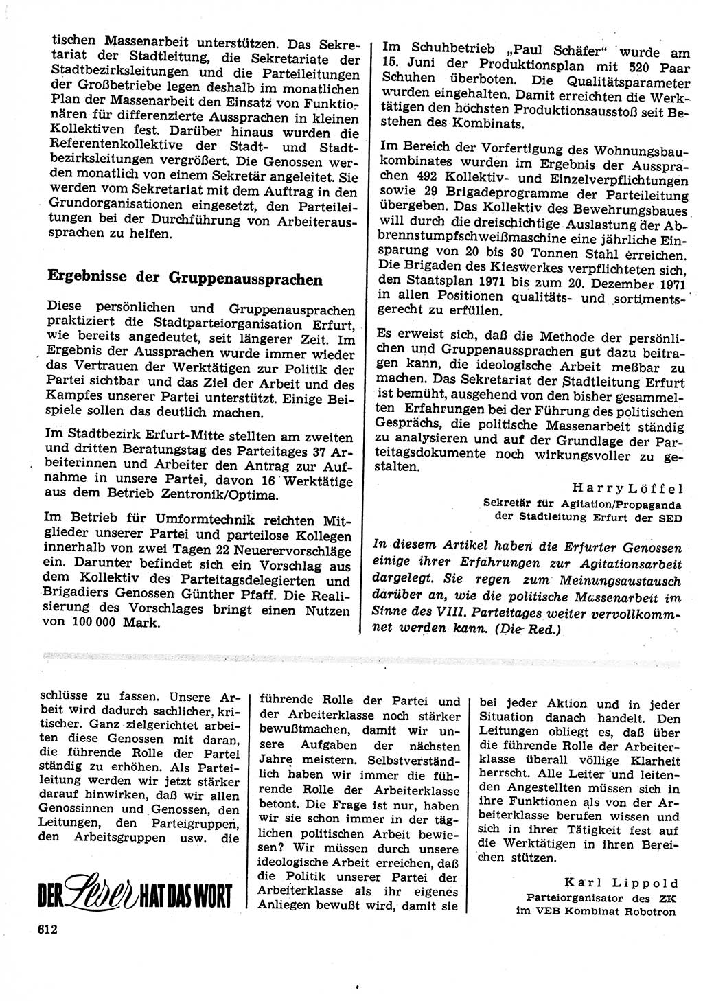 Neuer Weg (NW), Organ des Zentralkomitees (ZK) der SED (Sozialistische Einheitspartei Deutschlands) für Fragen des Parteilebens, 26. Jahrgang [Deutsche Demokratische Republik (DDR)] 1971, Seite 612 (NW ZK SED DDR 1971, S. 612)