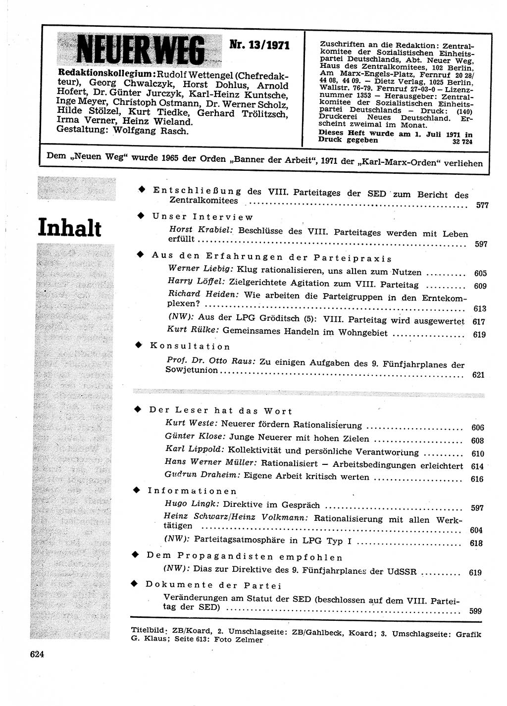 Neuer Weg (NW), Organ des Zentralkomitees (ZK) der SED (Sozialistische Einheitspartei Deutschlands) für Fragen des Parteilebens, 26. Jahrgang [Deutsche Demokratische Republik (DDR)] 1971, Seite 624 (NW ZK SED DDR 1971, S. 624)