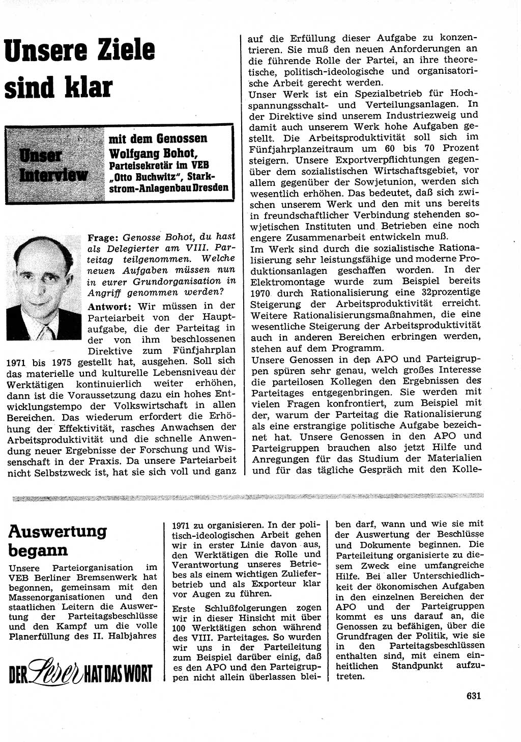 Neuer Weg (NW), Organ des Zentralkomitees (ZK) der SED (Sozialistische Einheitspartei Deutschlands) für Fragen des Parteilebens, 26. Jahrgang [Deutsche Demokratische Republik (DDR)] 1971, Seite 631 (NW ZK SED DDR 1971, S. 631)