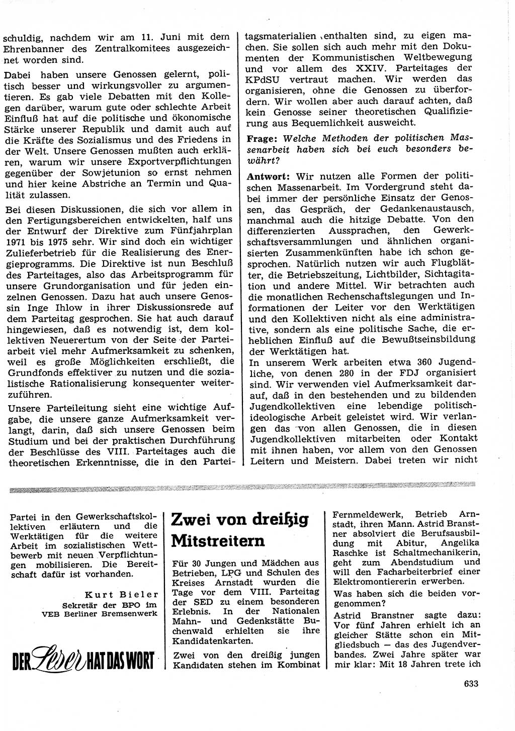 Neuer Weg (NW), Organ des Zentralkomitees (ZK) der SED (Sozialistische Einheitspartei Deutschlands) für Fragen des Parteilebens, 26. Jahrgang [Deutsche Demokratische Republik (DDR)] 1971, Seite 633 (NW ZK SED DDR 1971, S. 633)