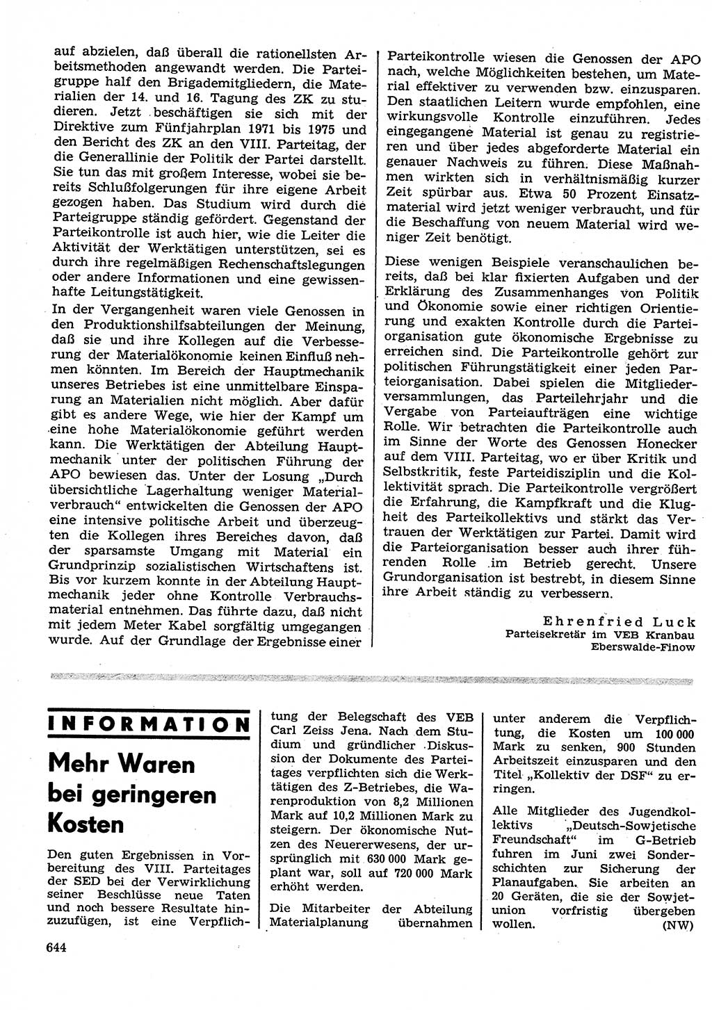 Neuer Weg (NW), Organ des Zentralkomitees (ZK) der SED (Sozialistische Einheitspartei Deutschlands) für Fragen des Parteilebens, 26. Jahrgang [Deutsche Demokratische Republik (DDR)] 1971, Seite 644 (NW ZK SED DDR 1971, S. 644)