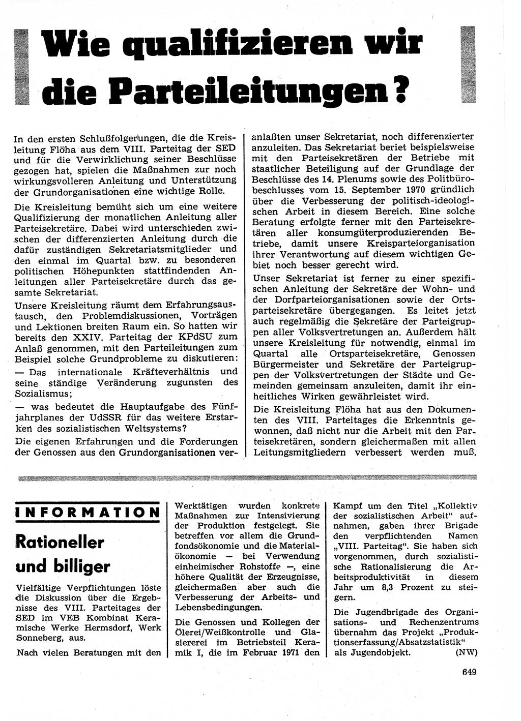 Neuer Weg (NW), Organ des Zentralkomitees (ZK) der SED (Sozialistische Einheitspartei Deutschlands) für Fragen des Parteilebens, 26. Jahrgang [Deutsche Demokratische Republik (DDR)] 1971, Seite 649 (NW ZK SED DDR 1971, S. 649)