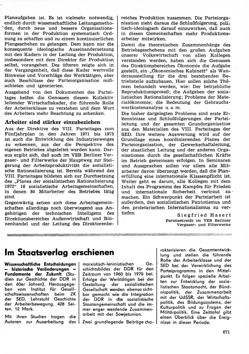 Neuer Weg (NW), Organ des Zentralkomitees (ZK) der SED (Sozialistische Einheitspartei Deutschlands) für Fragen des Parteilebens, 26. Jahrgang [Deutsche Demokratische Republik (DDR)] 1971, Seite 671 (NW ZK SED DDR 1971, S. 671)