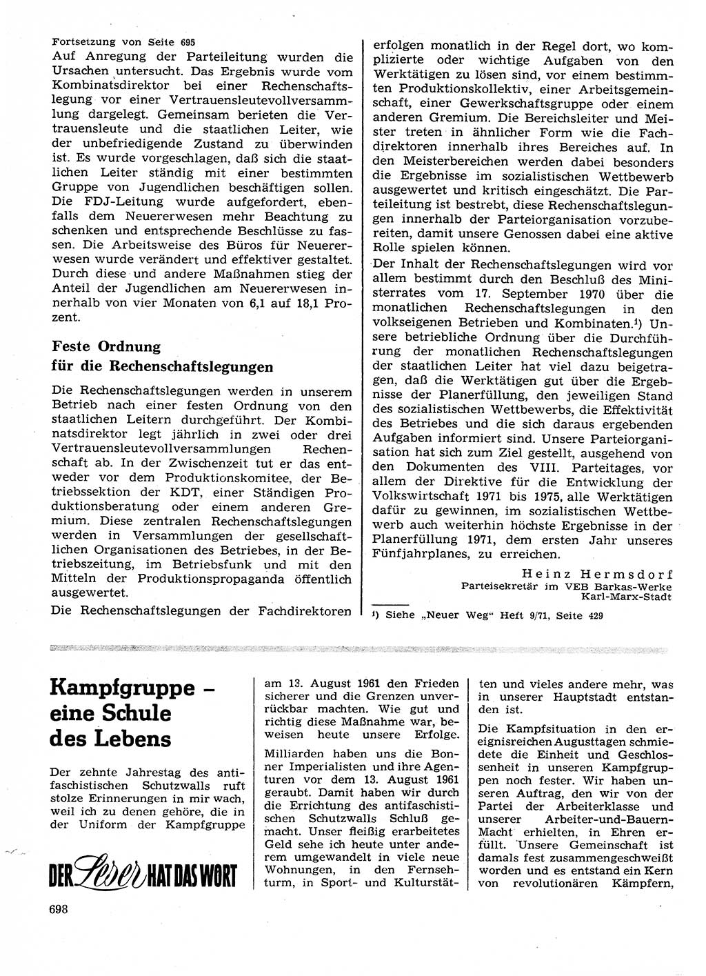 Neuer Weg (NW), Organ des Zentralkomitees (ZK) der SED (Sozialistische Einheitspartei Deutschlands) für Fragen des Parteilebens, 26. Jahrgang [Deutsche Demokratische Republik (DDR)] 1971, Seite 698 (NW ZK SED DDR 1971, S. 698)