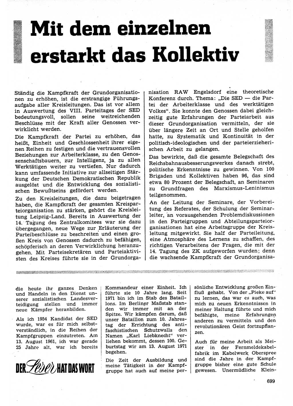 Neuer Weg (NW), Organ des Zentralkomitees (ZK) der SED (Sozialistische Einheitspartei Deutschlands) für Fragen des Parteilebens, 26. Jahrgang [Deutsche Demokratische Republik (DDR)] 1971, Seite 699 (NW ZK SED DDR 1971, S. 699)